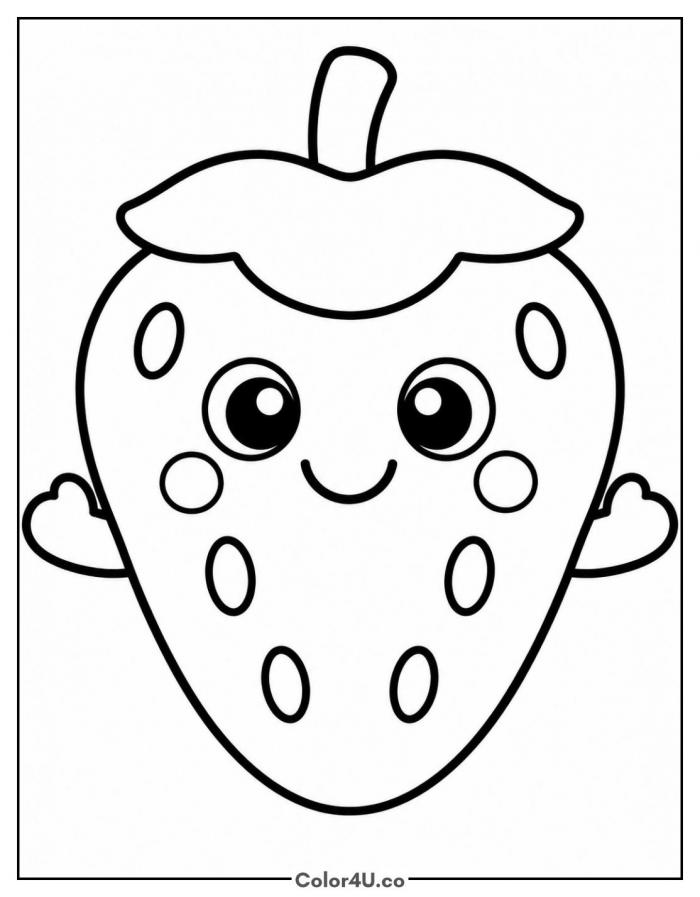 Smiling cartoon strawberry with big eyes and rosy cheeks, easy strawberry coloring page, free printable