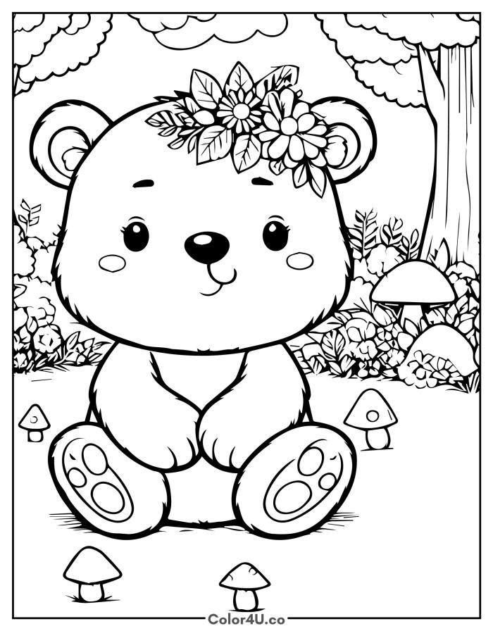 Bear with flower crown sitting among mushrooms in a forest, detailed bear coloring page, free printable