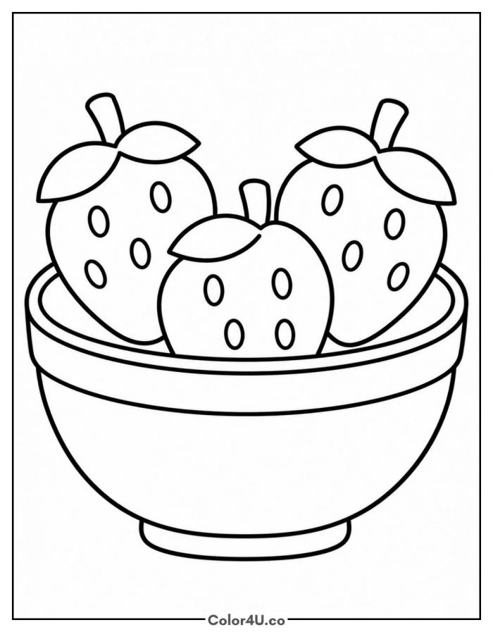 Three strawberries in a round bowl, easy strawberry coloring page, free printable