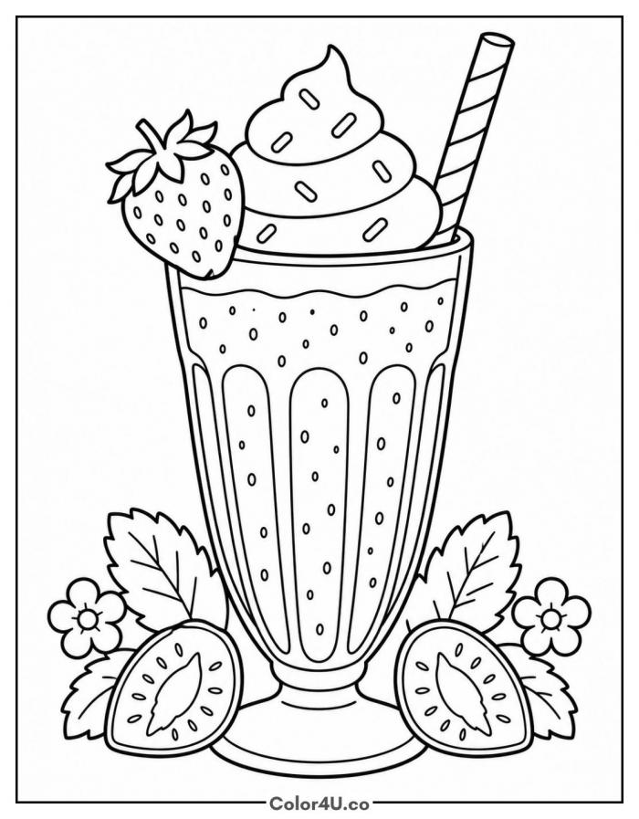 Strawberry milkshake with whipped cream and straw, hard strawberry coloring page, free printable