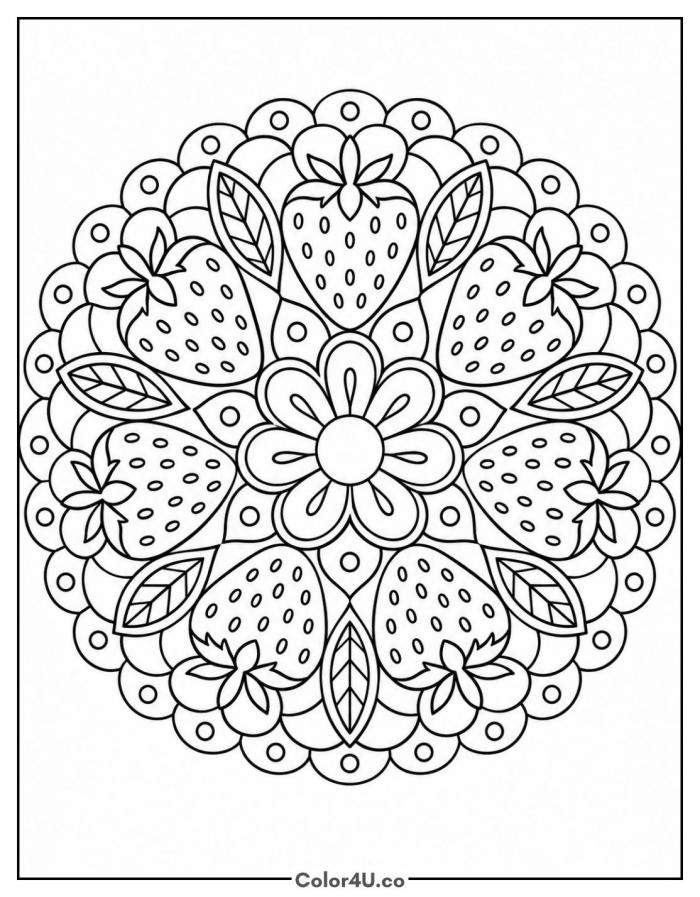 Strawberry mandala with flower center and leaves, hard strawberry coloring page, free printable