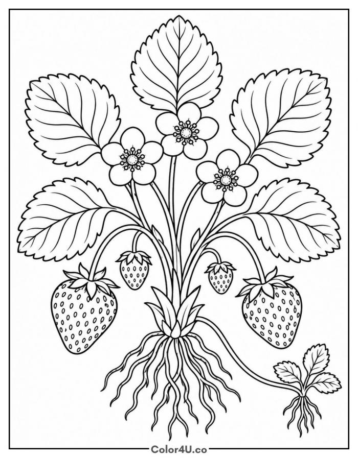 Botanical strawberry plant with roots, flowers and berries, hard strawberry coloring page, free printable