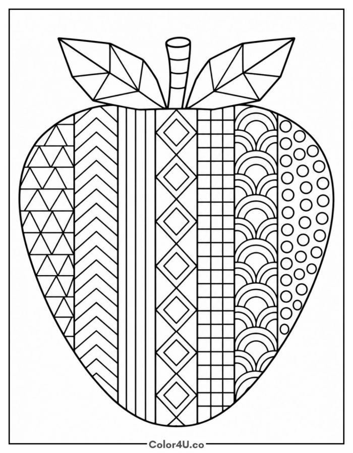 Strawberry filled with geometric patterns, hard strawberry coloring page, free printable