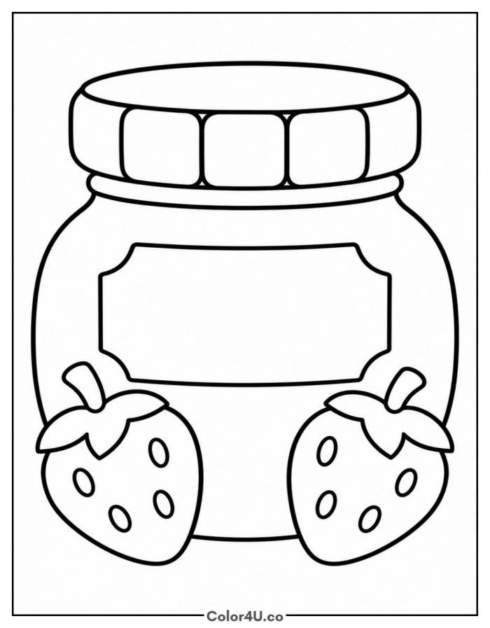 Strawberry jam jar with two berries, easy strawberry coloring page, free printable