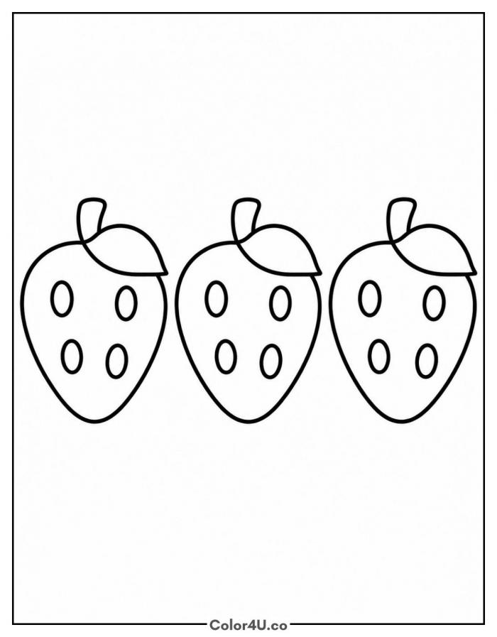 Three strawberries in a row, easy strawberry coloring page, free printable