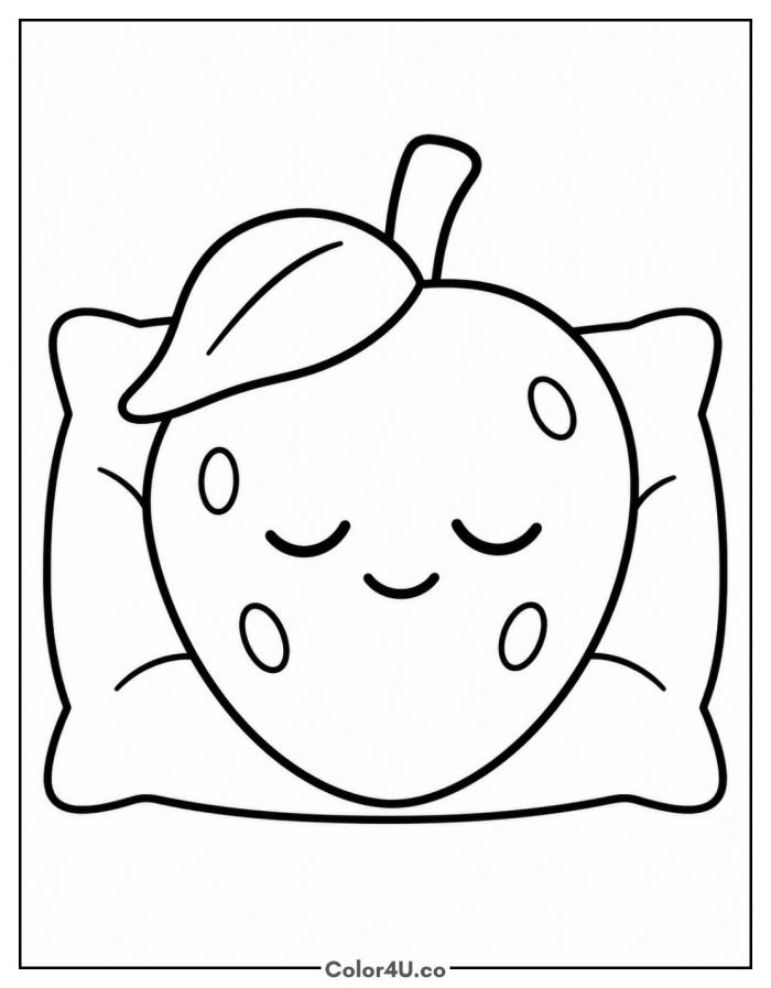 Sleepy strawberry resting on a pillow with closed eyes, easy strawberry coloring page, free printable