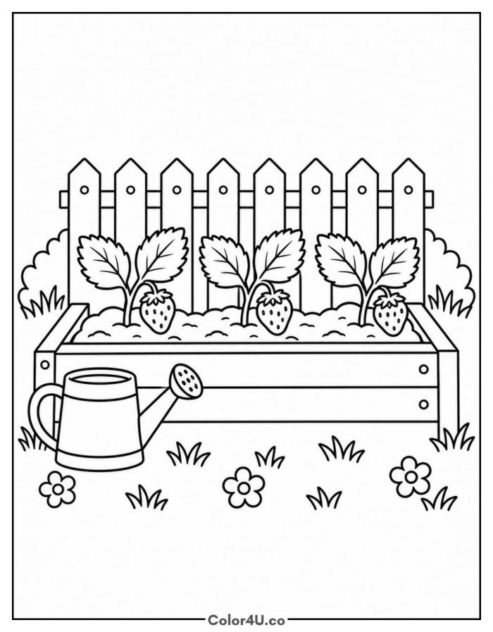 Raised strawberry garden bed with watering can, medium strawberry coloring page, free printable