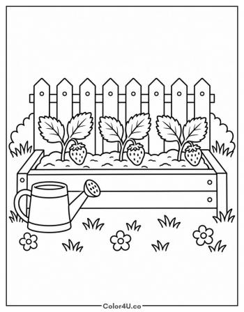 Strawberry Garden Row With Watering Can coloring page