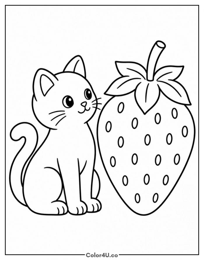 Cat sitting beside a big strawberry, easy strawberry coloring page, free printable