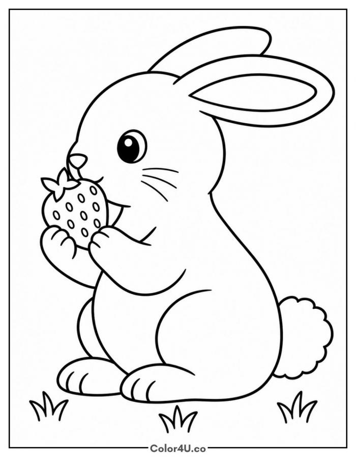 Bunny nibbling a strawberry, easy strawberry coloring page, free printable