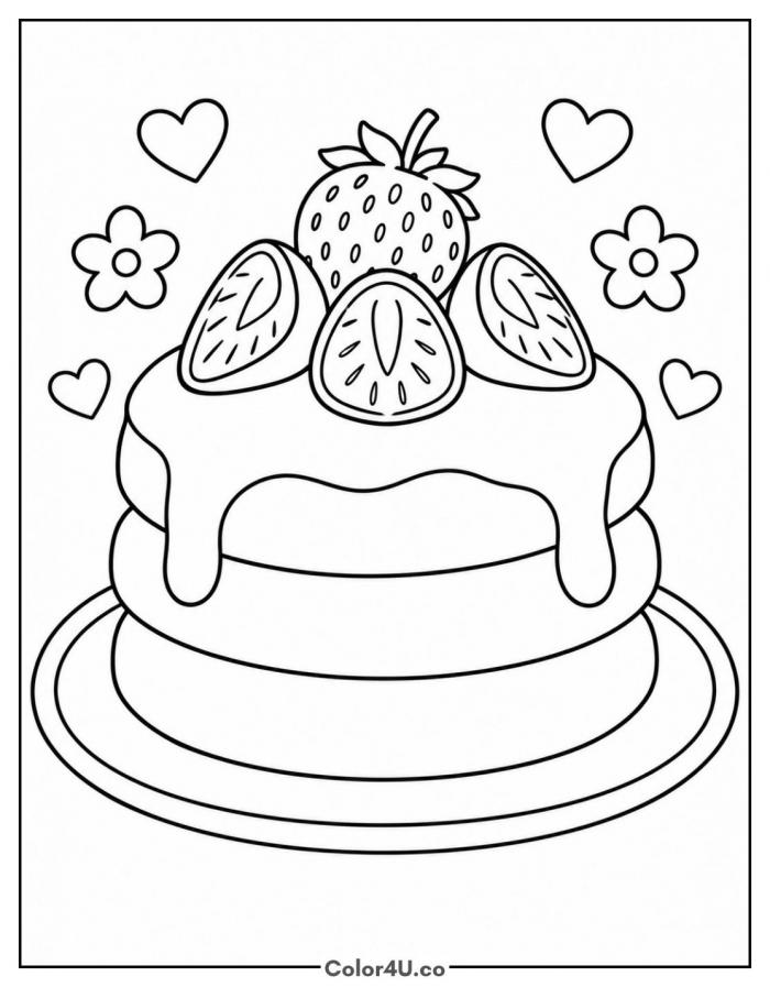 Strawberry pancake stack with syrup and hearts, medium strawberry coloring page, free printable