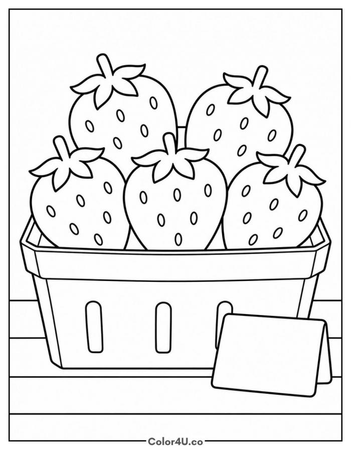 Punnet of strawberries on a market stall with sign, medium strawberry coloring page, free printable