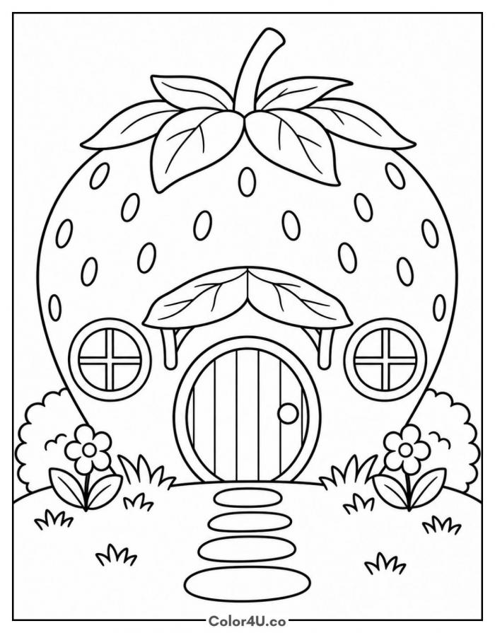 Strawberry house with a round door and windows, medium strawberry coloring page, free printable