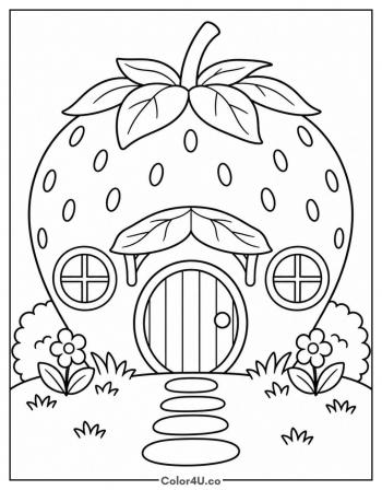 Strawberry House With a Door and Windows coloring page
