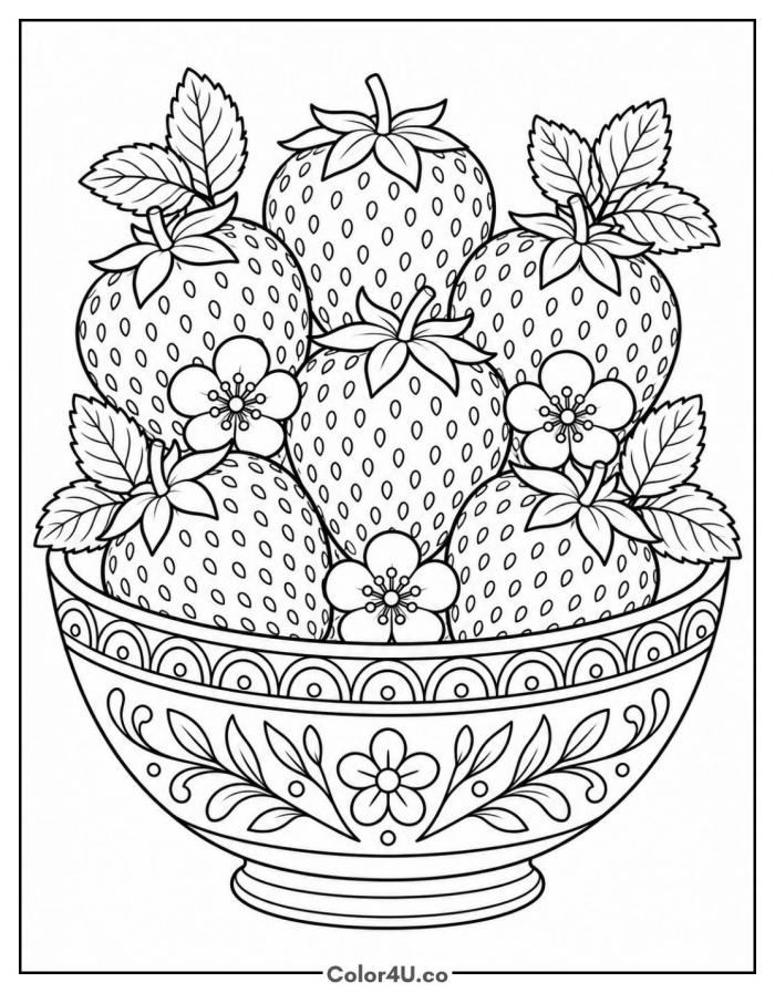Decorated bowl of strawberries with mint and blossoms, hard strawberry coloring page, free printable