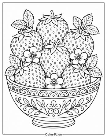 Bowl of Strawberries With Mint and Blossoms coloring page