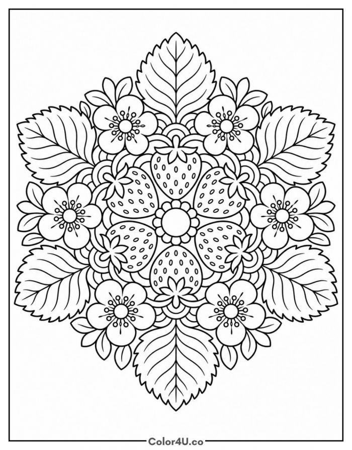 Strawberry mandala with flowers and leaves, hard strawberry coloring page, free printable