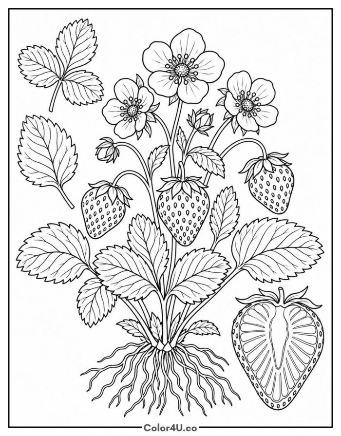 Vintage botanical strawberry print with flowers and cut berry, hard strawberry coloring page, free printable