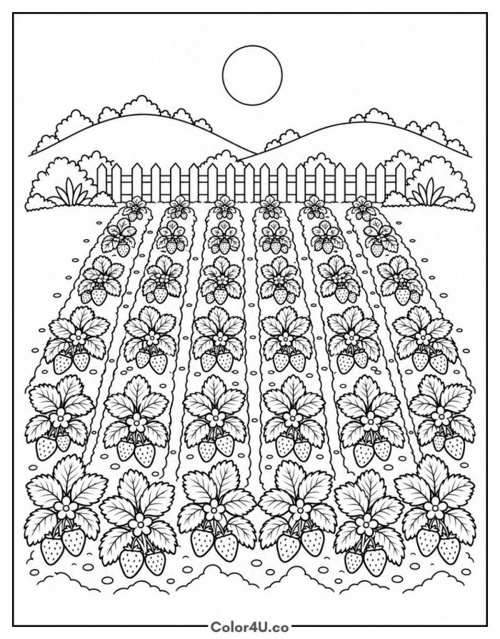 Strawberry patch landscape with rows of plants and hills, hard strawberry coloring page, free printable