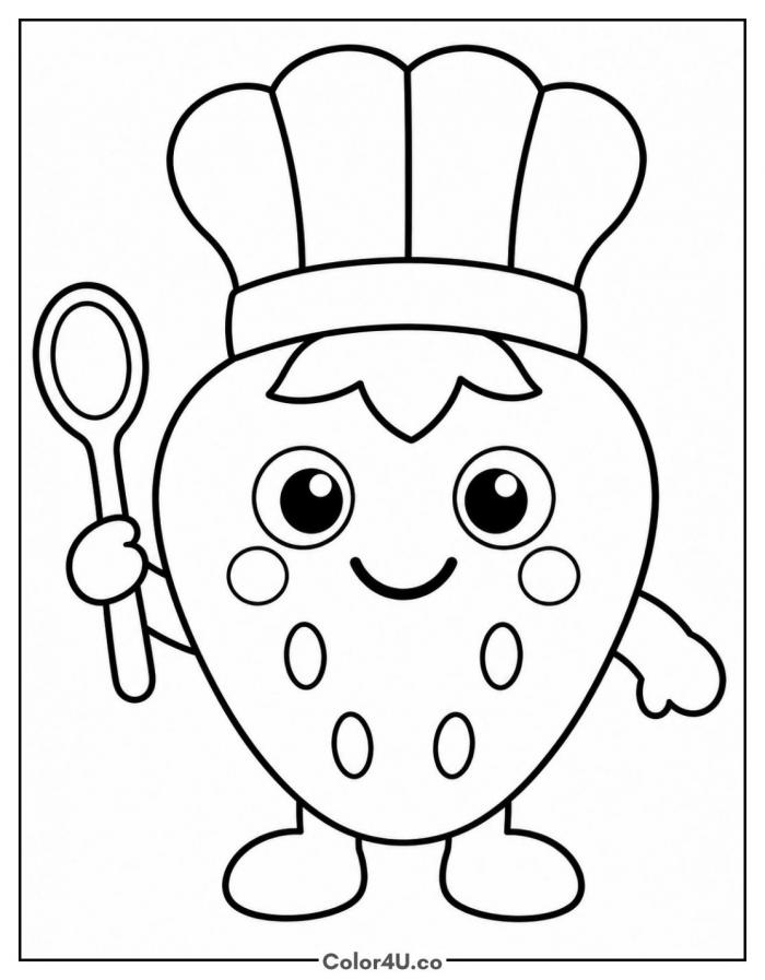 Strawberry wearing a chef hat and holding a spoon, easy strawberry coloring page, free printable