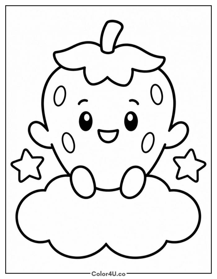 Strawberry sitting on a cloud with stars, easy strawberry coloring page, free printable