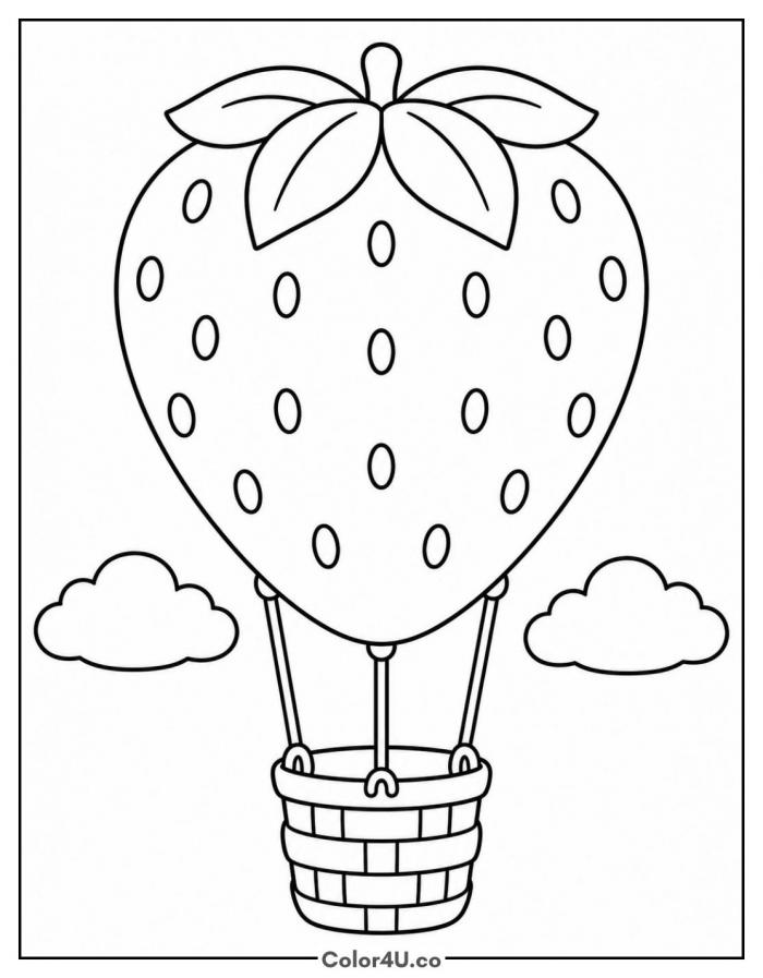 Strawberry hot air balloon with basket and clouds, easy strawberry coloring page, free printable