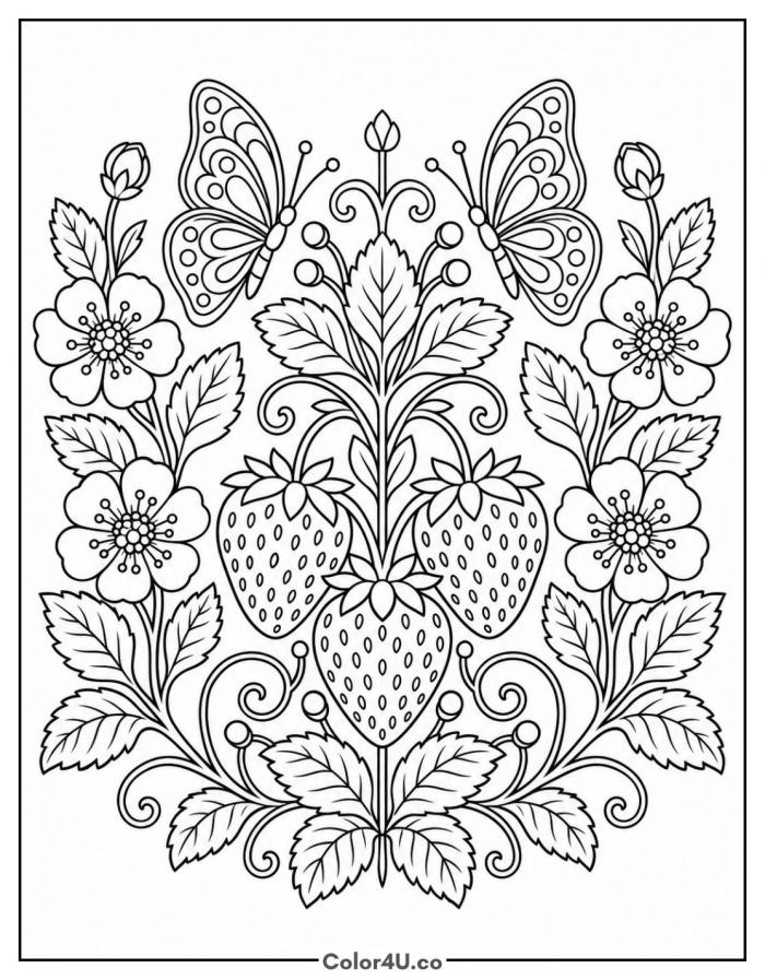 Symmetrical strawberry and butterfly garden panel, hard strawberry coloring page, free printable