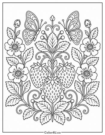 Symmetrical Strawberry and Butterfly Garden Panel coloring page