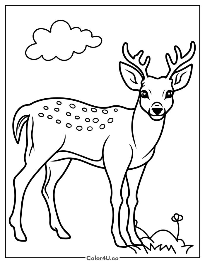Cute spotted deer standing on the grass, medium Reindeer coloring page, free printable