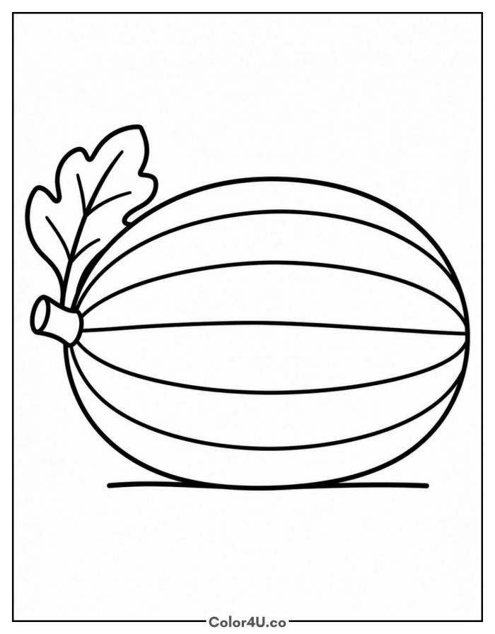 Whole round watermelon with a leaf, easy watermelon coloring page, free printable