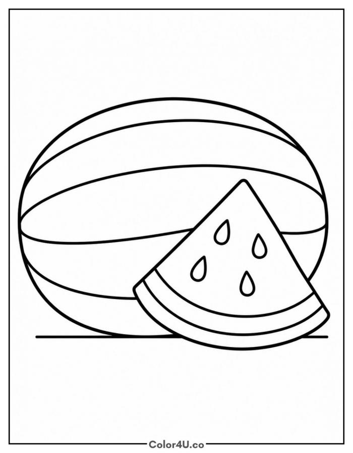 Whole watermelon and a slice, easy watermelon coloring page, free printable
