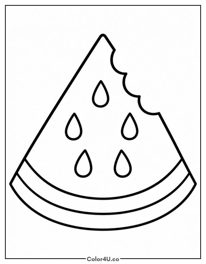 Watermelon slice with a bite, easy watermelon coloring page, free printable