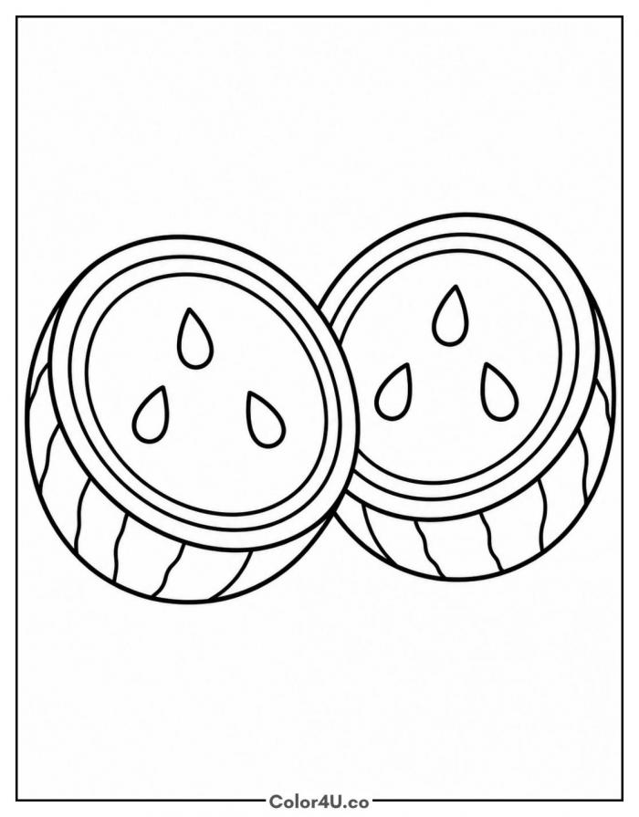 Two watermelon halves side by side, easy watermelon coloring page, free printable