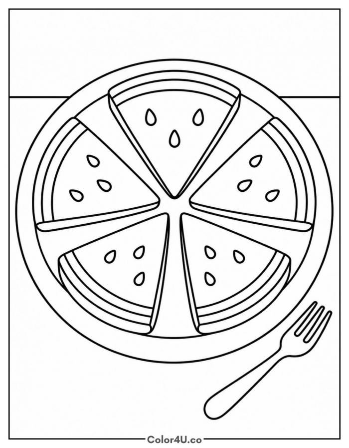 Watermelon slices on a plate with a fork, medium watermelon coloring page, free printable