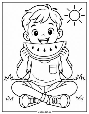 Boy Eating a Watermelon Slice coloring page