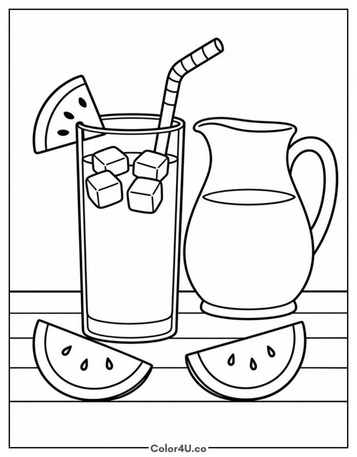Watermelon juice with a slice, medium watermelon coloring page, free printable