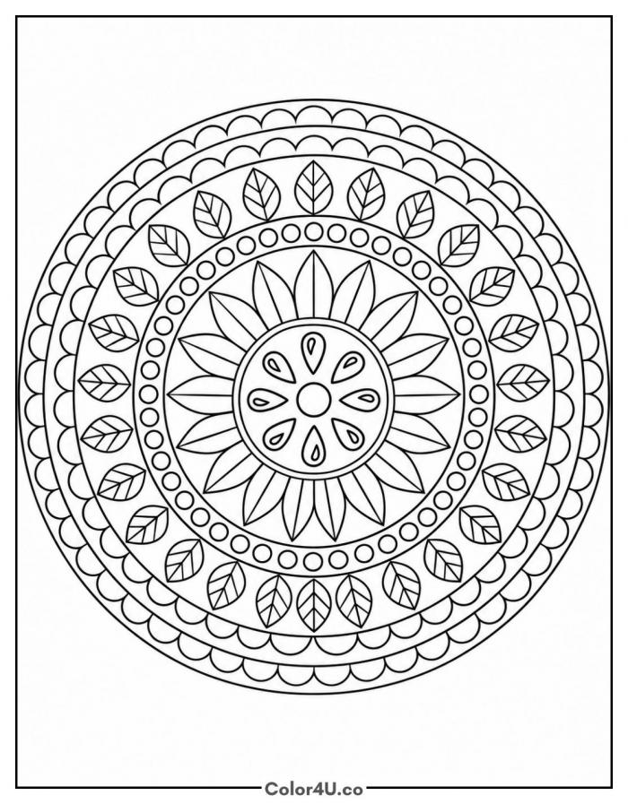 Watermelon slice mandala with leaves, detailed watermelon coloring page, free printable