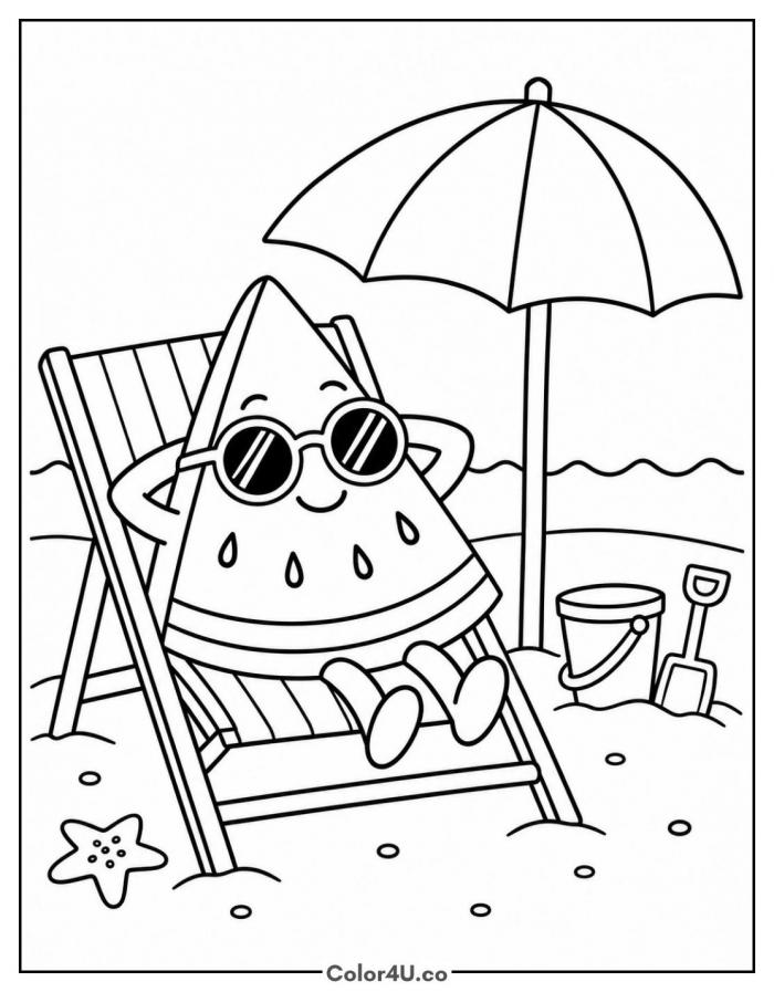 Cool watermelon slice on a beach chair, medium watermelon coloring page, free printable