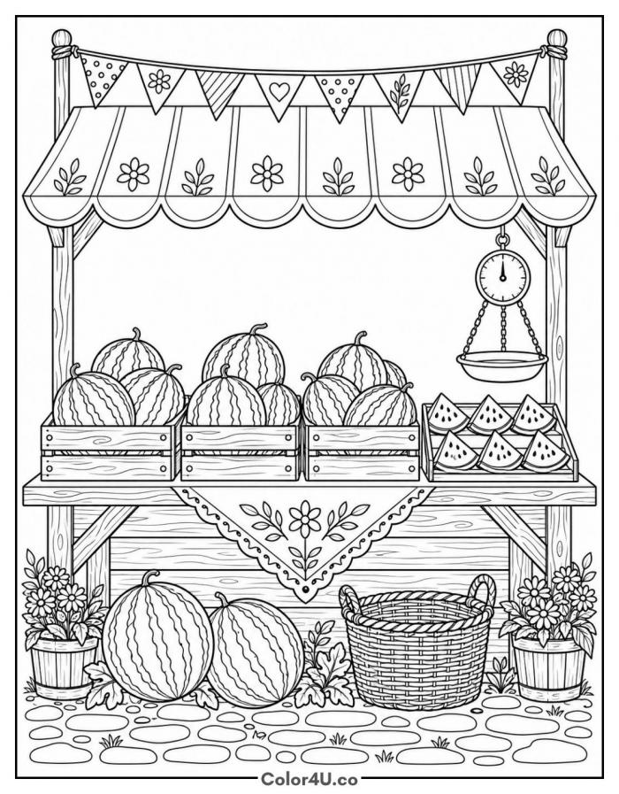 Watermelon market stand with crates, detailed watermelon coloring page, free printable