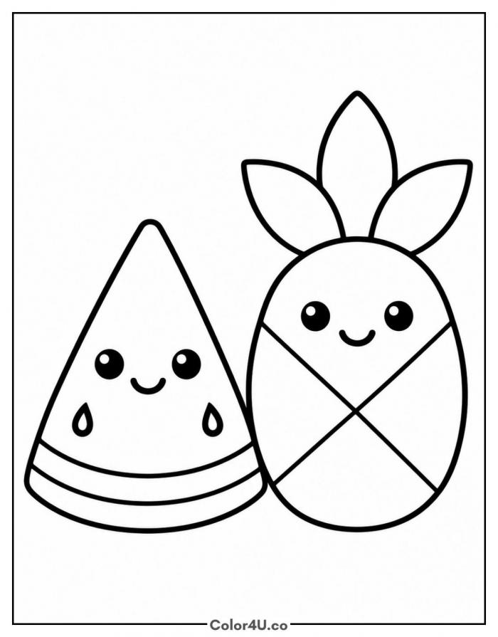 Watermelon and pineapple friends, easy watermelon coloring page, free printable