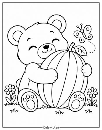 Bear Cub Hugging a Watermelon coloring page