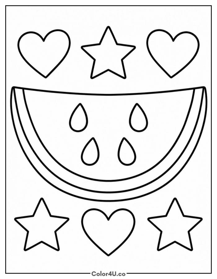 Watermelon slice with hearts and stars, easy watermelon coloring page, free printable