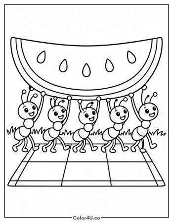 Ants Carrying a Watermelon Slice coloring page