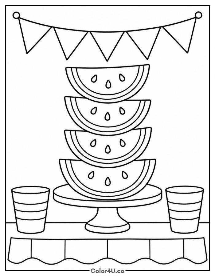 Watermelon slice tower on a cake stand, medium watermelon coloring page, free printable