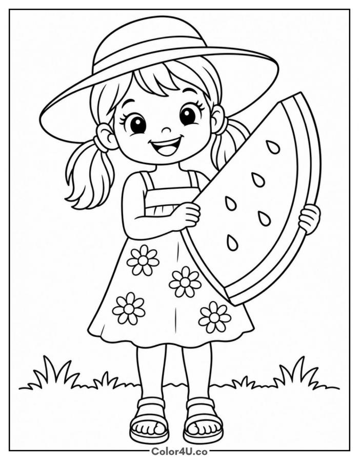 Girl holding a giant watermelon slice, medium watermelon coloring page, free printable