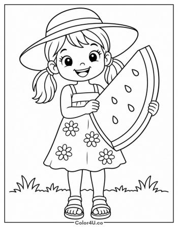 Girl Holding a Giant Watermelon Slice coloring page
