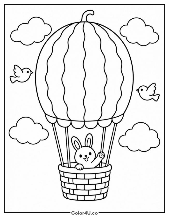 Watermelon hot air balloon with a bunny, medium watermelon coloring page, free printable