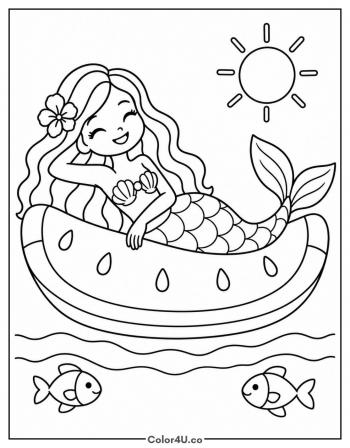 Mermaid on a Watermelon Float coloring page