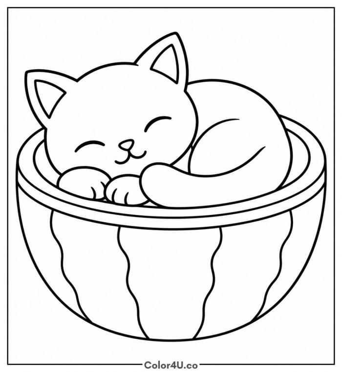 Kitten napping in a watermelon, easy watermelon coloring page, free printable