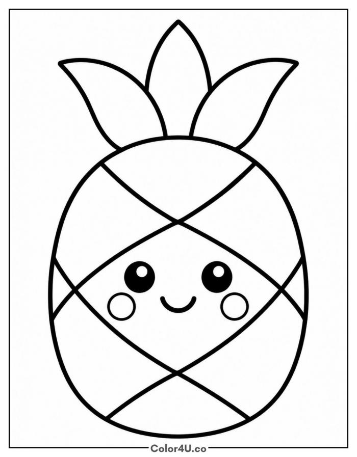 Kawaii pineapple with big happy eyes, easy fruit coloring page, free printable